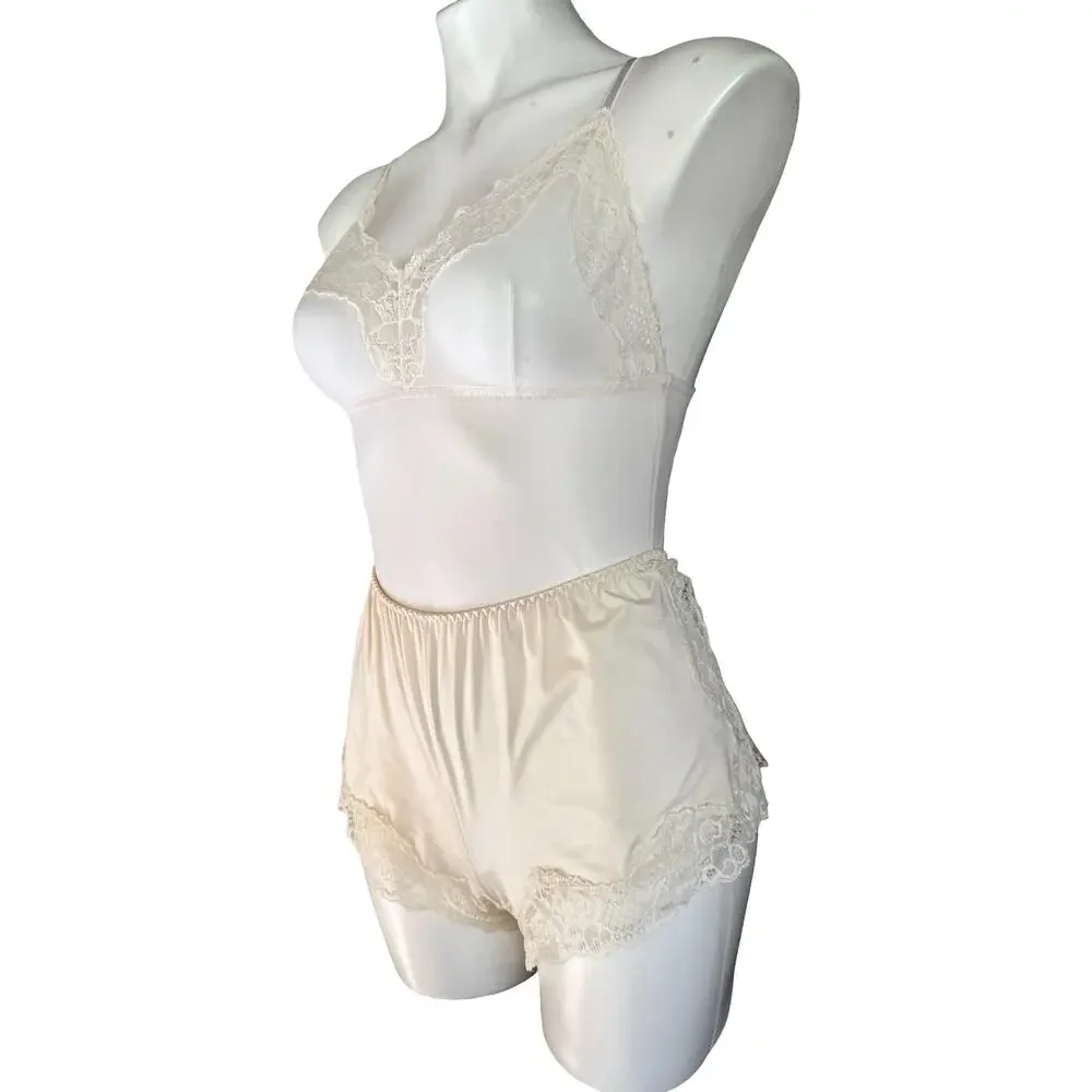 Vintage Maidenform Ivory Lace Teddy Tap Pant Set Nylon 1990 Lingerie Large